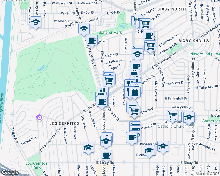 map of restaurants, bars, coffee shops, grocery stores, and more near 4303 Elm Avenue in Long Beach