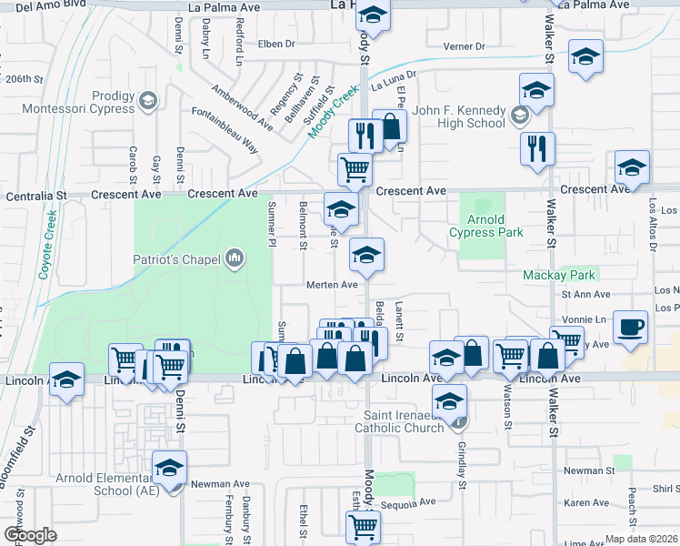 map of restaurants, bars, coffee shops, grocery stores, and more near 8722 La Salle Street in Cypress