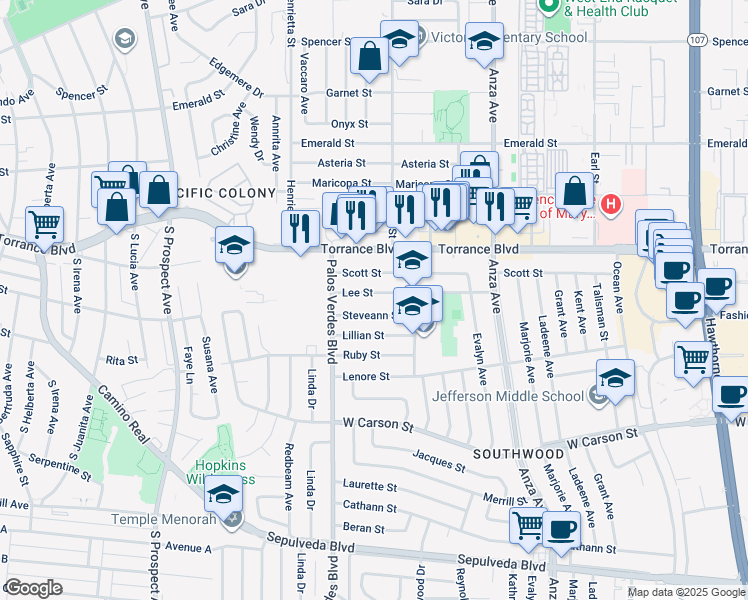 map of restaurants, bars, coffee shops, grocery stores, and more near 5207 Steveann Street in Torrance