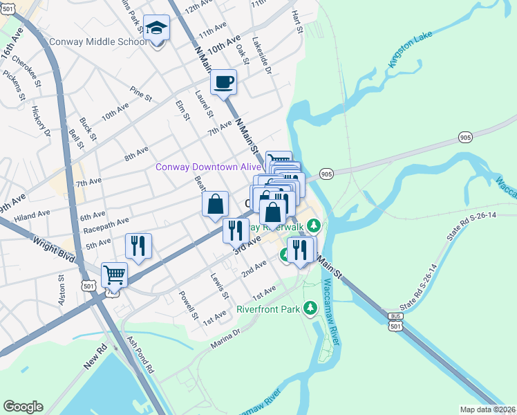 map of restaurants, bars, coffee shops, grocery stores, and more near in Conway
