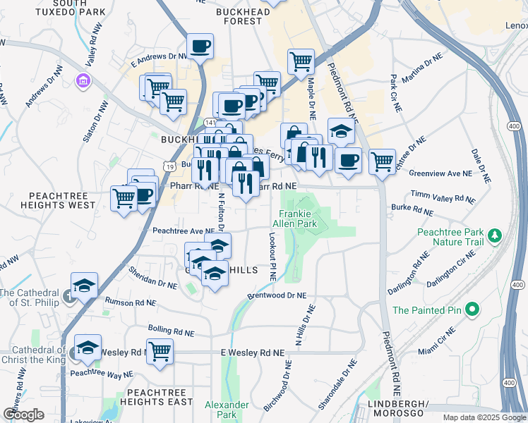 map of restaurants, bars, coffee shops, grocery stores, and more near 382 Peachtree Avenue Northeast in Atlanta