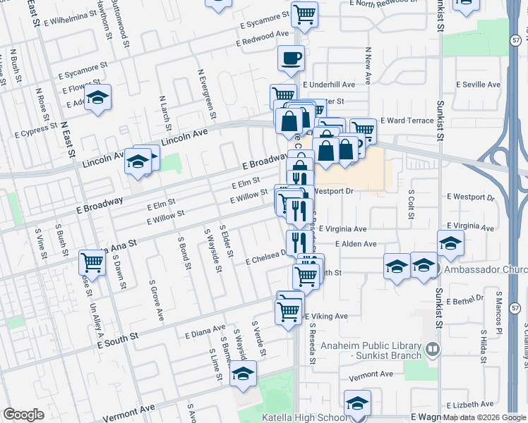 map of restaurants, bars, coffee shops, grocery stores, and more near 1823 East Charlestown Drive in Anaheim