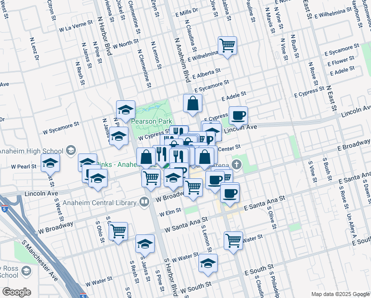map of restaurants, bars, coffee shops, grocery stores, and more near 202 West Lincoln Avenue in Anaheim