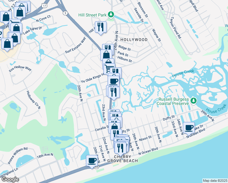 map of restaurants, bars, coffee shops, grocery stores, and more near 702 Sea Mountain Highway in North Myrtle Beach