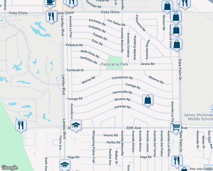 map of restaurants, bars, coffee shops, grocery stores, and more near 68355 Tortuga Road in Cathedral City