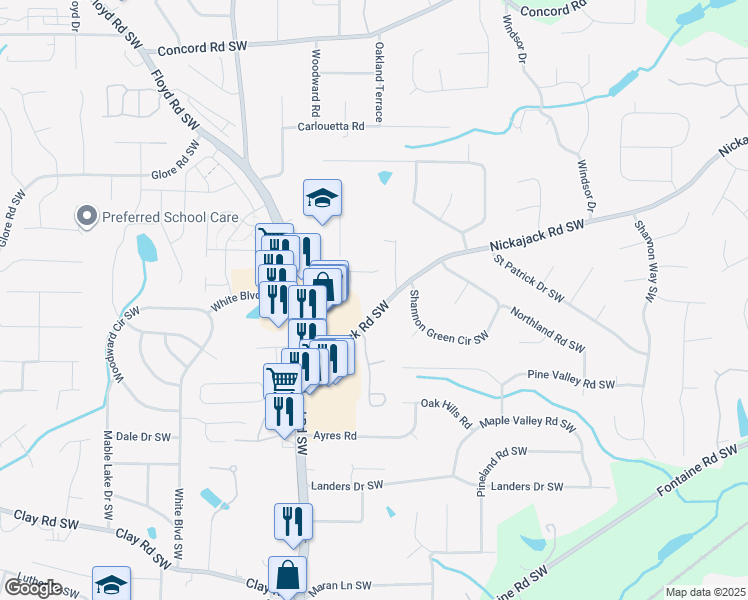 map of restaurants, bars, coffee shops, grocery stores, and more near 626 Nickajack Road Southwest in Mableton