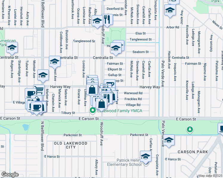 map of restaurants, bars, coffee shops, grocery stores, and more near 5930 Harvey Way in Lakewood