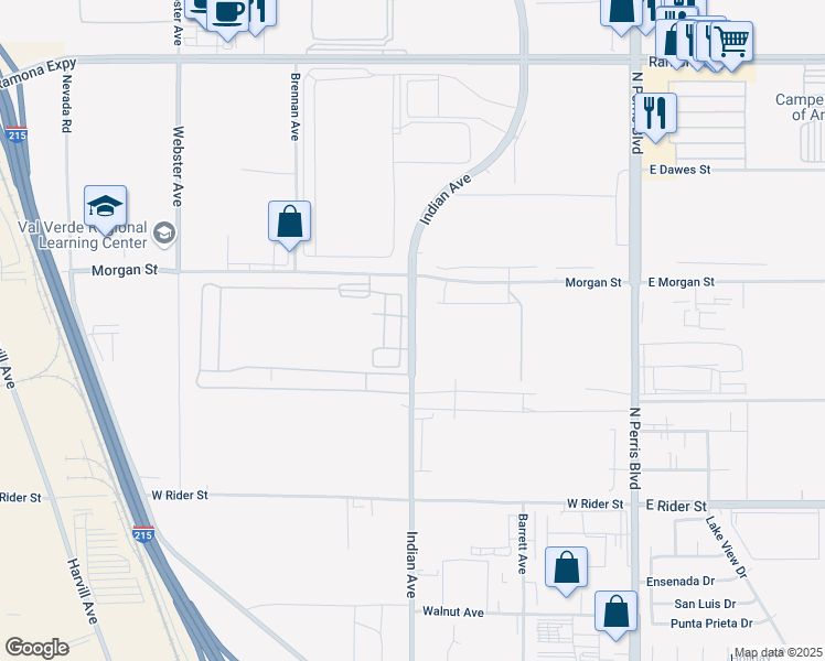 map of restaurants, bars, coffee shops, grocery stores, and more near 3500 Indian Avenue in Perris