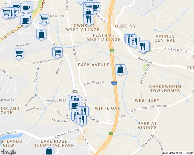 map of restaurants, bars, coffee shops, grocery stores, and more near 2313 Millhaven Street Southeast in Smyrna