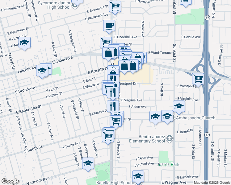 map of restaurants, bars, coffee shops, grocery stores, and more near 526 South Reseda Street in Anaheim