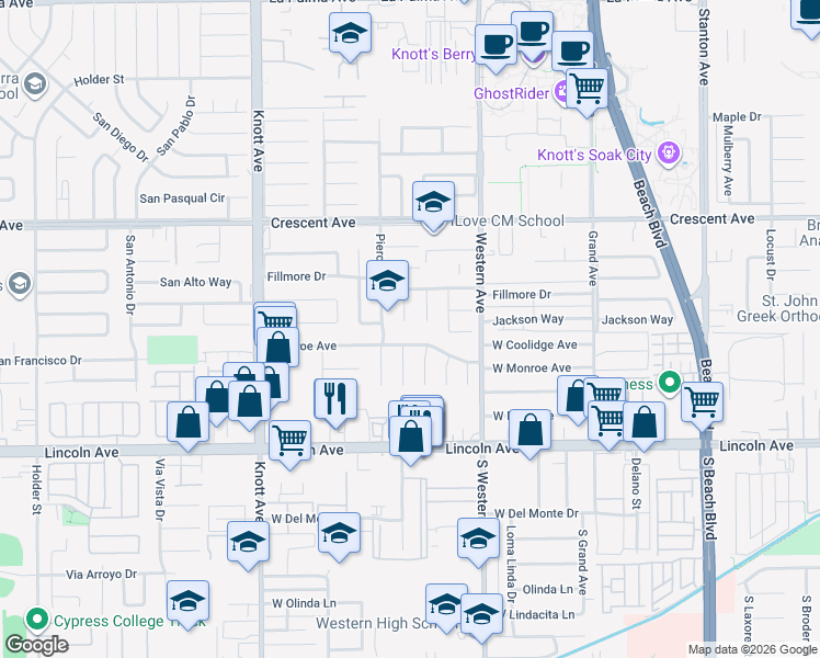 map of restaurants, bars, coffee shops, grocery stores, and more near 8744 Fillmore Circle in Buena Park