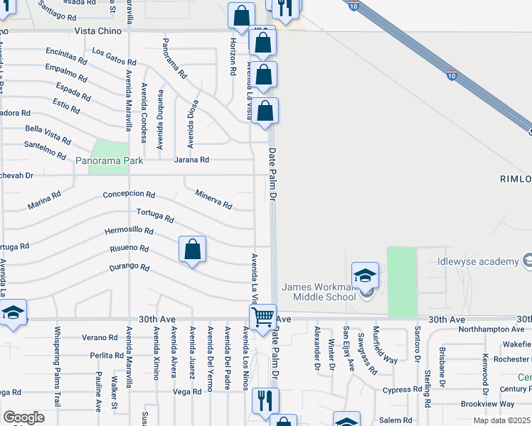 map of restaurants, bars, coffee shops, grocery stores, and more near Date Palm Drive in Cathedral City