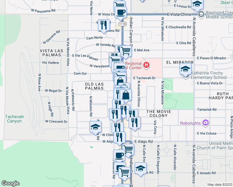 map of restaurants, bars, coffee shops, grocery stores, and more near 901 North Palm Canyon Drive in Palm Springs