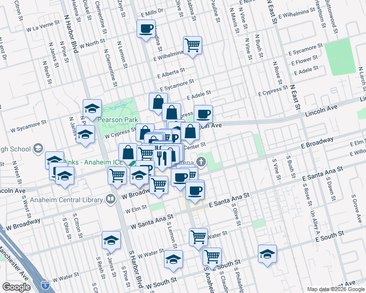 map of restaurants, bars, coffee shops, grocery stores, and more near 100 South Anaheim Boulevard in Anaheim