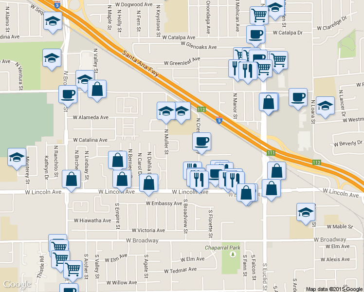 map of restaurants, bars, coffee shops, grocery stores, and more near 305 North Bayport Circle in Anaheim