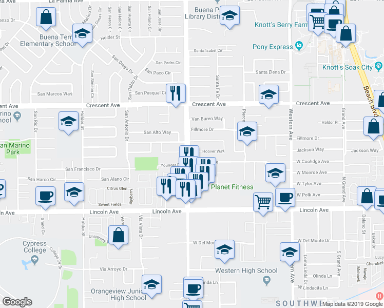 map of restaurants, bars, coffee shops, grocery stores, and more near 4750 South Knott Avenue in Buena Park