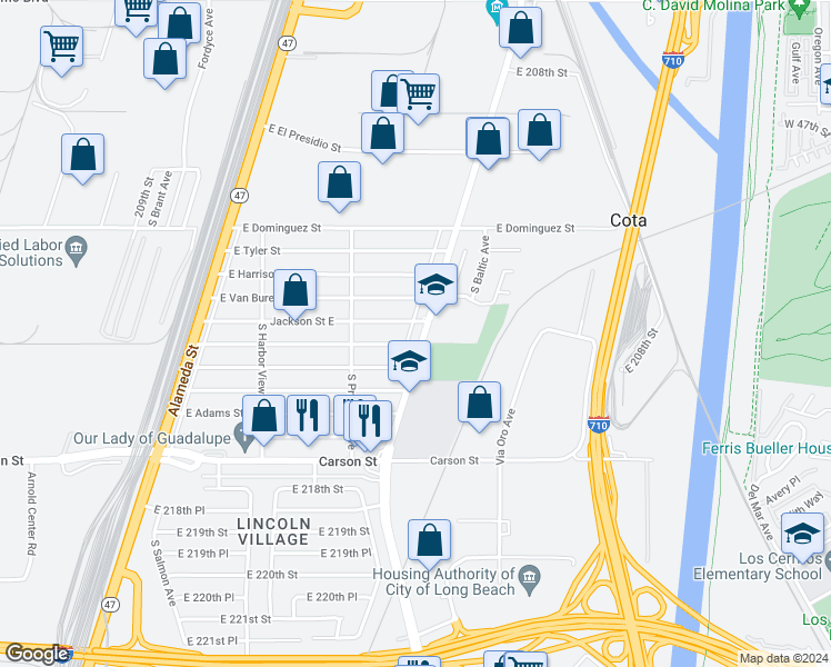 map of restaurants, bars, coffee shops, grocery stores, and more near 2743 East Monroe Street in Carson