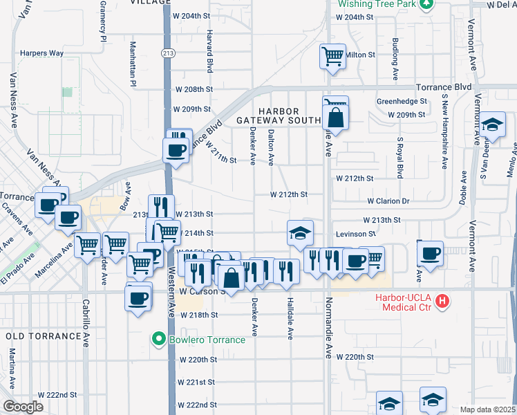 map of restaurants, bars, coffee shops, grocery stores, and more near 21230 Denker Avenue in Torrance