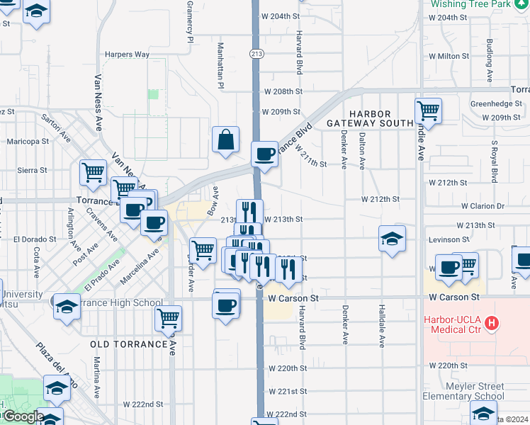 map of restaurants, bars, coffee shops, grocery stores, and more near 1651 West 213th Street in Torrance