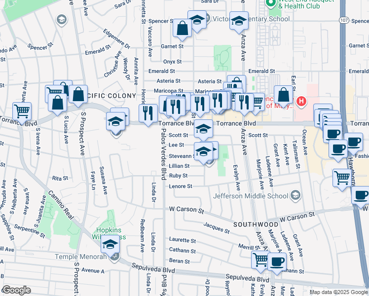 map of restaurants, bars, coffee shops, grocery stores, and more near 5207 Steveann Street in Torrance
