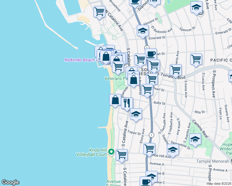 map of restaurants, bars, coffee shops, grocery stores, and more near 501 Esplanade in Redondo Beach