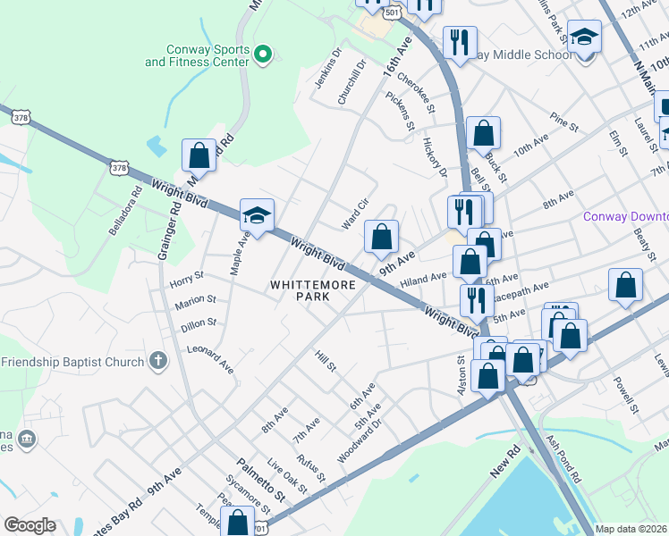 map of restaurants, bars, coffee shops, grocery stores, and more near 1703 Singleton Street in Conway