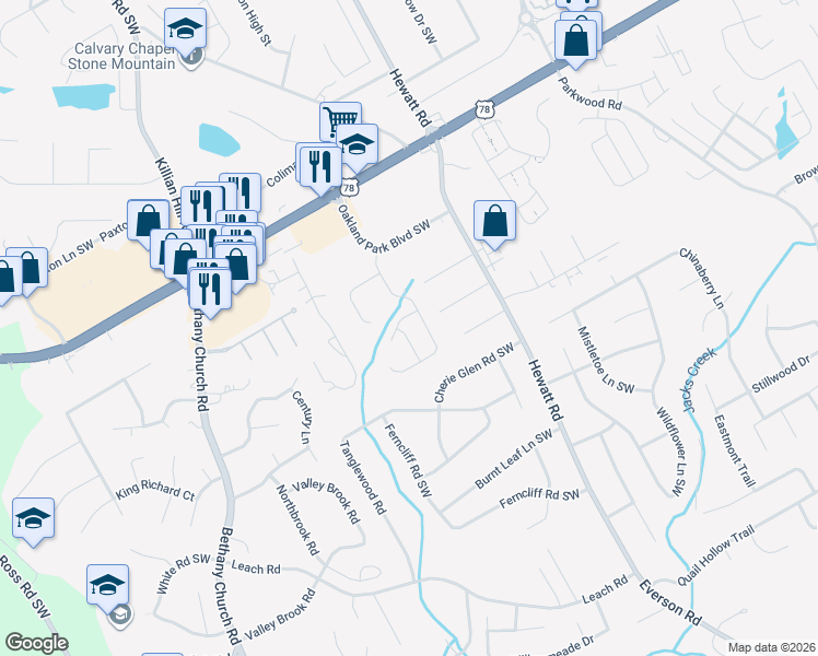 map of restaurants, bars, coffee shops, grocery stores, and more near 2219 Ligney Creek Lane in Snellville