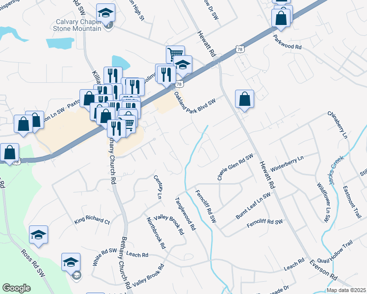 map of restaurants, bars, coffee shops, grocery stores, and more near 3777 Oakland Spring Court in Snellville