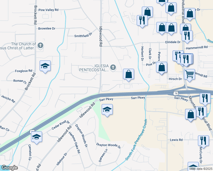 map of restaurants, bars, coffee shops, grocery stores, and more near 4312 Idlewood Lane in Tucker