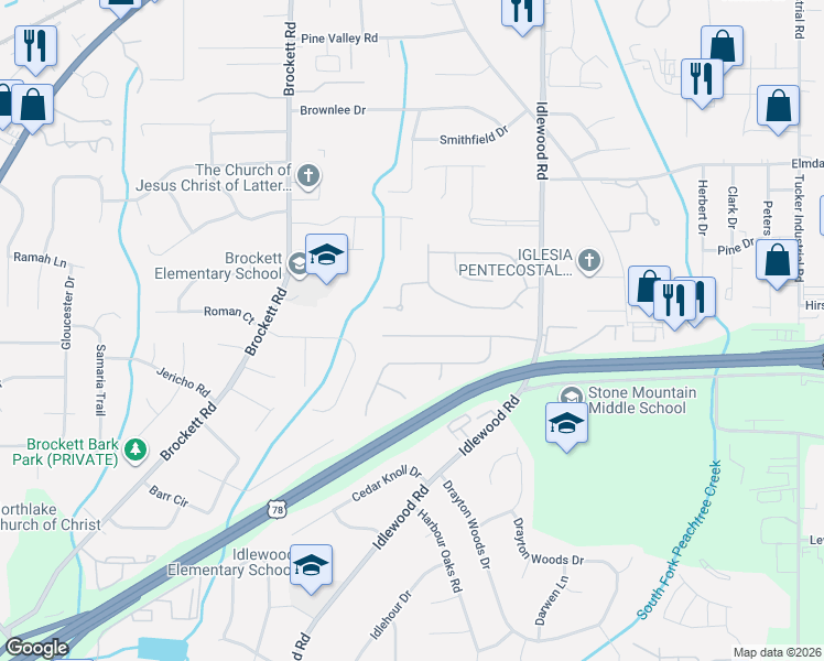 map of restaurants, bars, coffee shops, grocery stores, and more near 4121 Duesenberg Drive in Tucker