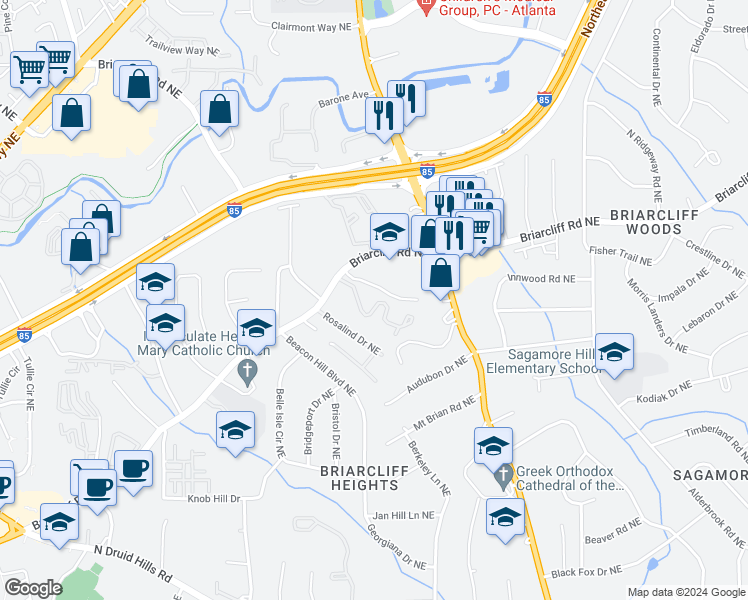 map of restaurants, bars, coffee shops, grocery stores, and more near 1831 Briarcliff Circle in Atlanta