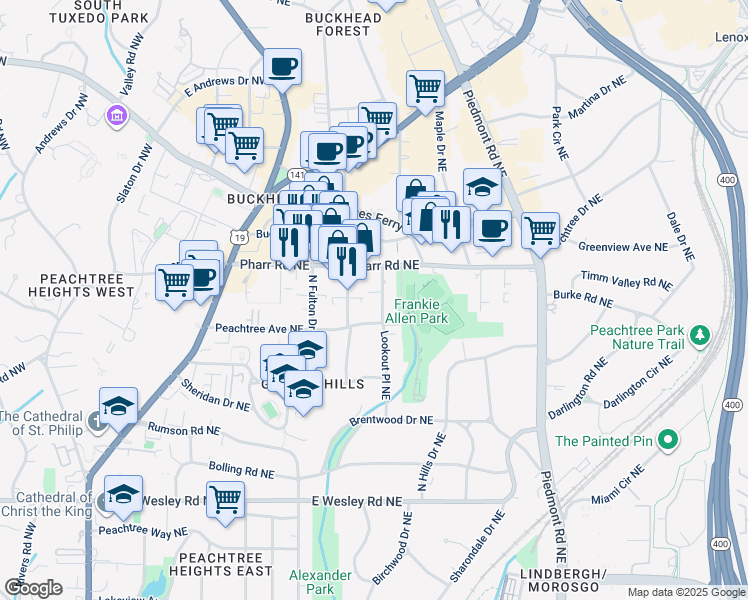 map of restaurants, bars, coffee shops, grocery stores, and more near 382 Peachtree Avenue Northeast in Atlanta