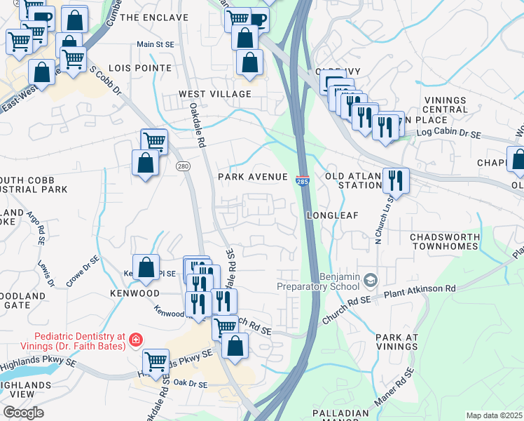 map of restaurants, bars, coffee shops, grocery stores, and more near 2313 Millhaven Street Southeast in Smyrna