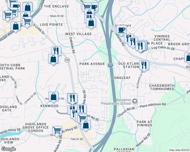 map of restaurants, bars, coffee shops, grocery stores, and more near 2387 Millhaven Street in Smyrna