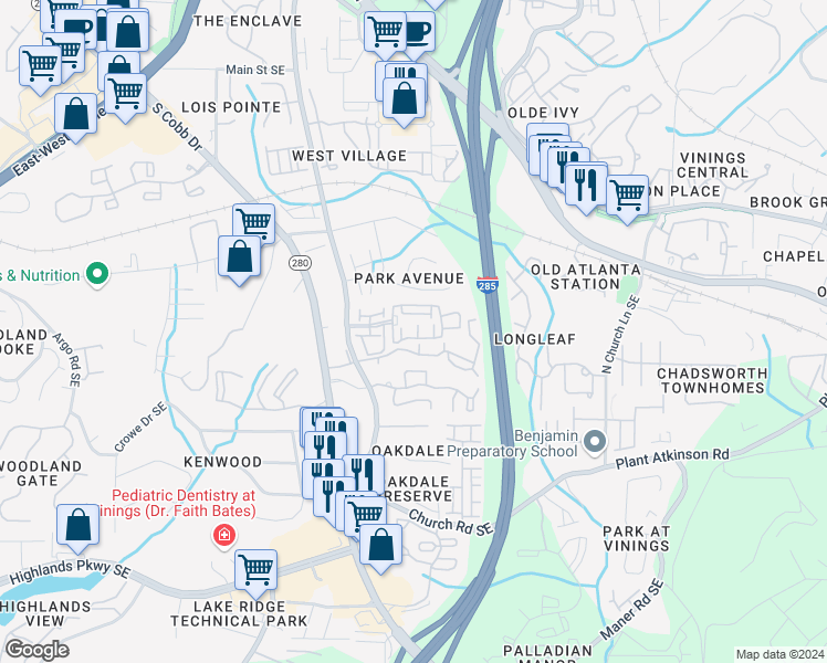 map of restaurants, bars, coffee shops, grocery stores, and more near 2235 Millhaven Street Southeast in Smyrna