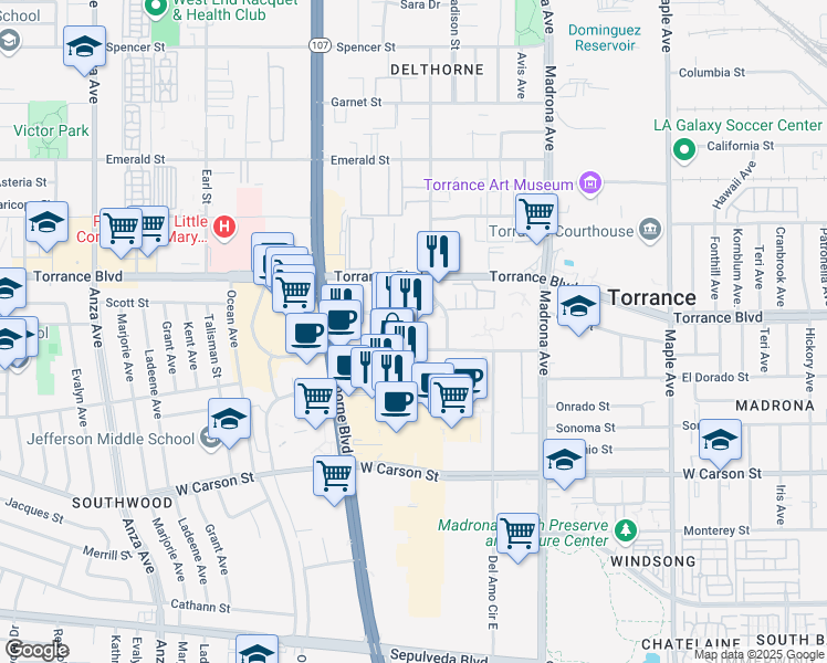 map of restaurants, bars, coffee shops, grocery stores, and more near 3635 Fashion Way in Torrance