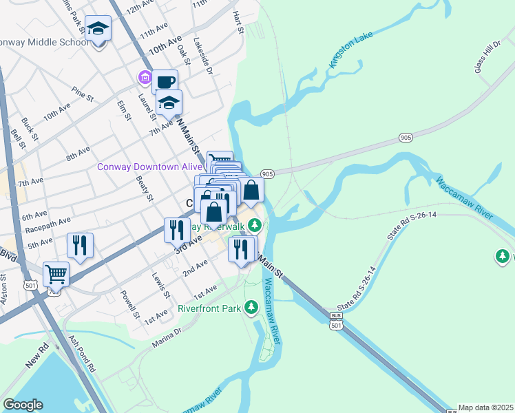 map of restaurants, bars, coffee shops, grocery stores, and more near 800 3rd Avenue in Conway