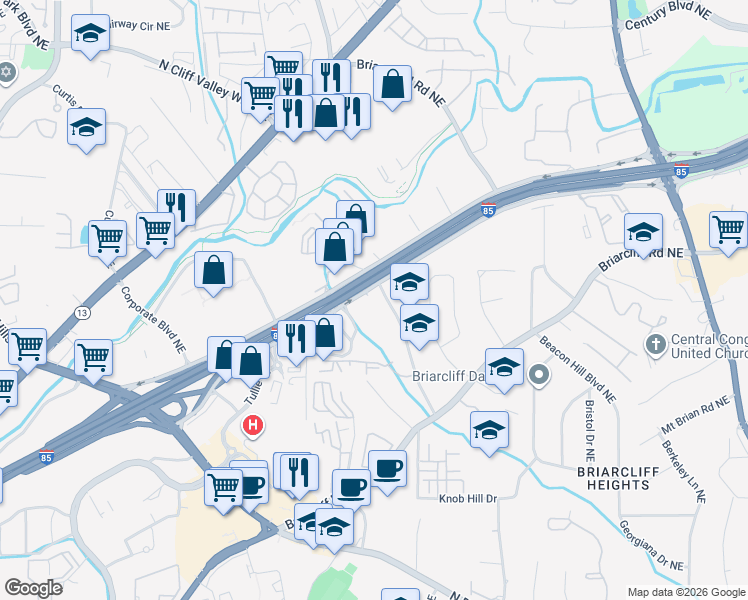 map of restaurants, bars, coffee shops, grocery stores, and more near 1911 Cliff Valley Way Northeast in Atlanta