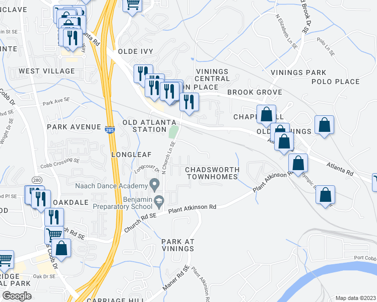 map of restaurants, bars, coffee shops, grocery stores, and more near 2550 Collins Springs Drive in Smyrna