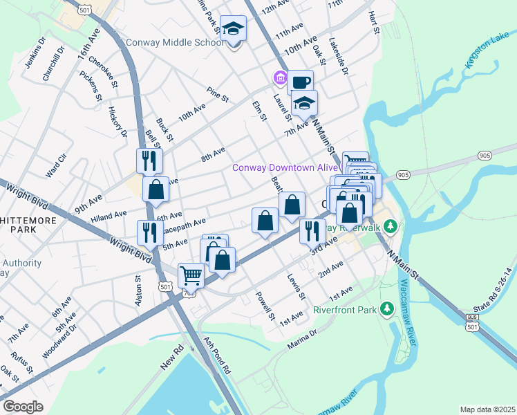 map of restaurants, bars, coffee shops, grocery stores, and more near 1403 Racepath Avenue in Conway