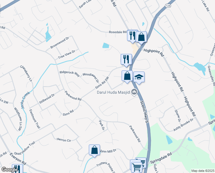 map of restaurants, bars, coffee shops, grocery stores, and more near 2655 Trotters Walk Trail in Snellville