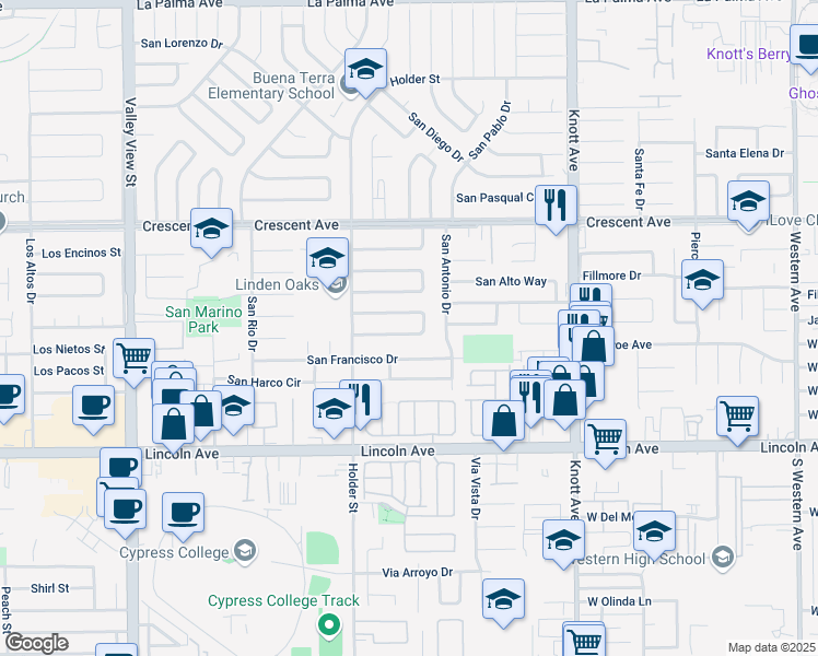 map of restaurants, bars, coffee shops, grocery stores, and more near 6648 San Haroldo Way in Buena Park