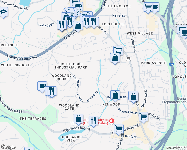 map of restaurants, bars, coffee shops, grocery stores, and more near 4860 Martin Court in Smyrna