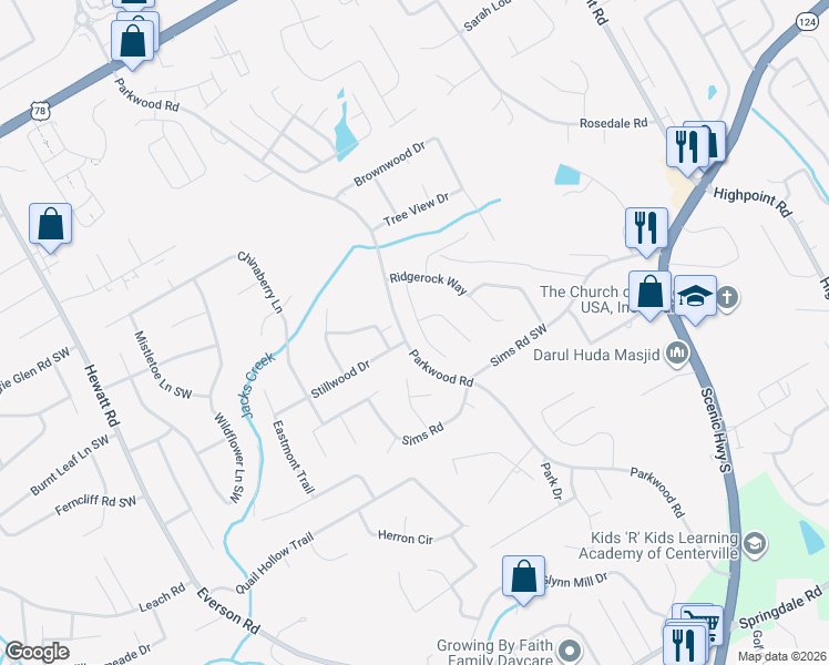 map of restaurants, bars, coffee shops, grocery stores, and more near 2583 Laurel View Court in Snellville