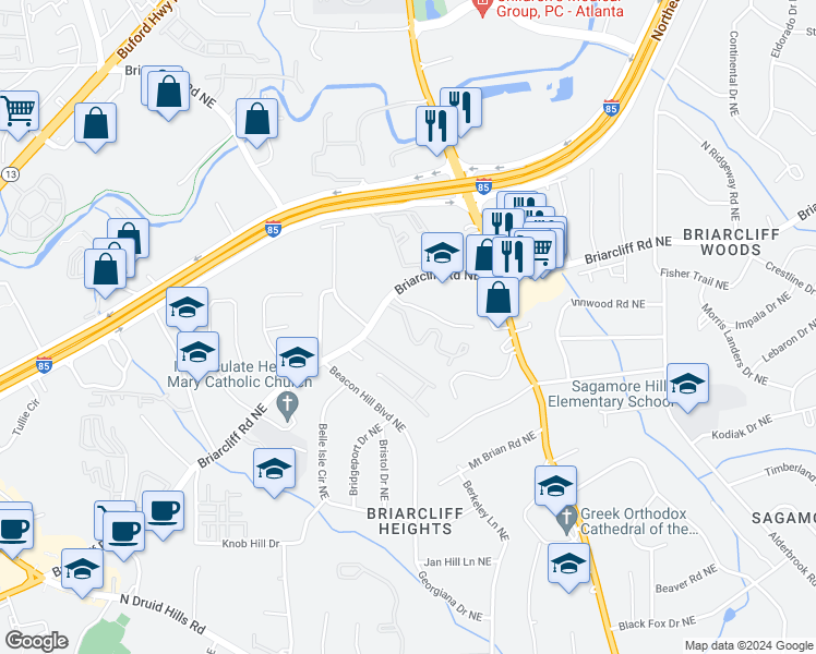map of restaurants, bars, coffee shops, grocery stores, and more near 1831 Briarcliff Circle in Atlanta
