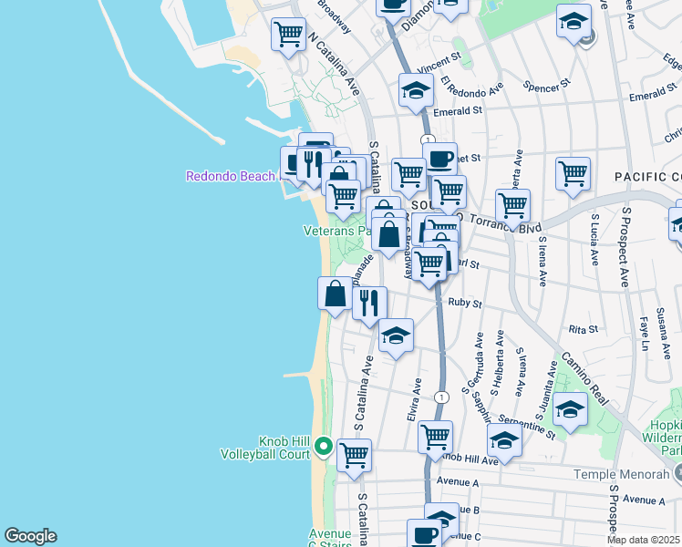 map of restaurants, bars, coffee shops, grocery stores, and more near 501 Esplanade in Redondo Beach