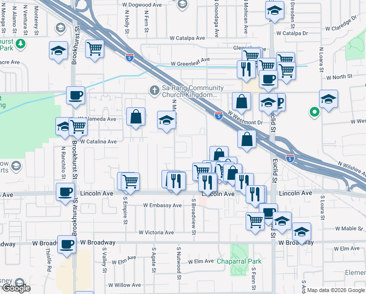 map of restaurants, bars, coffee shops, grocery stores, and more near 311 North Bayport Circle in Anaheim