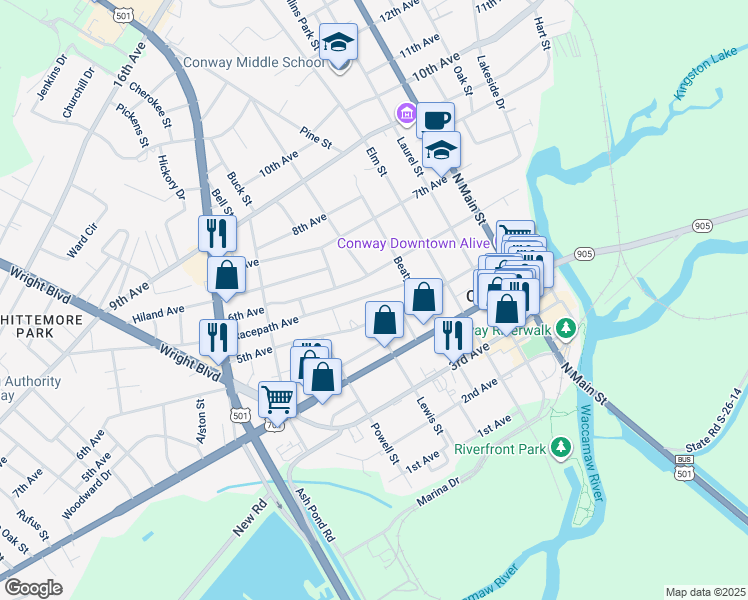 map of restaurants, bars, coffee shops, grocery stores, and more near 1401 Racepath Avenue in Conway