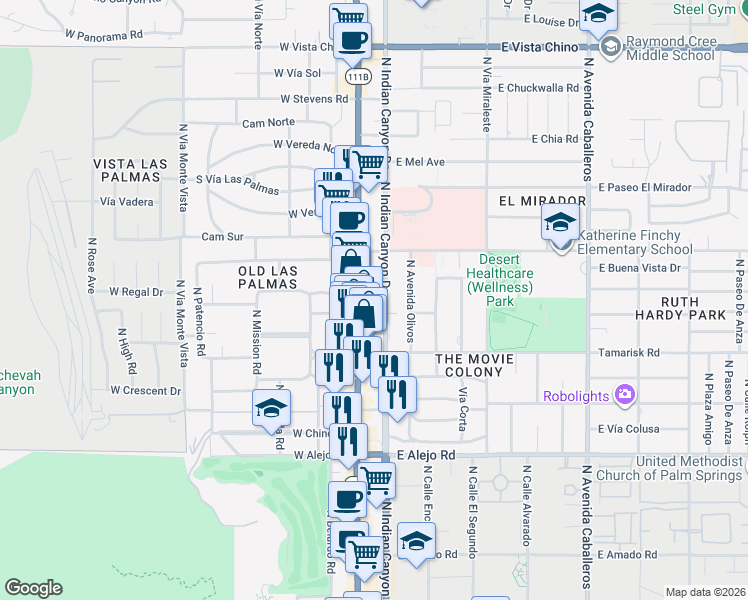 map of restaurants, bars, coffee shops, grocery stores, and more near 960 North Palm Canyon Drive in Palm Springs