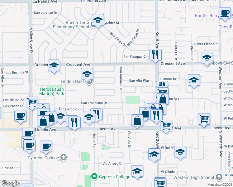 map of restaurants, bars, coffee shops, grocery stores, and more near 6613 San Haroldo Way in Buena Park